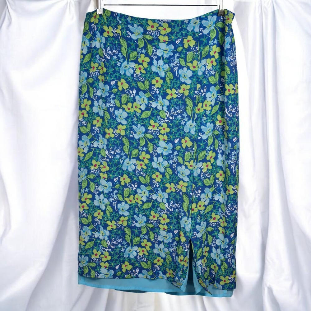 Sigrid Olsen Sport Petite Floral Print Midi Skirt Blue Green Yellow Layered Boho